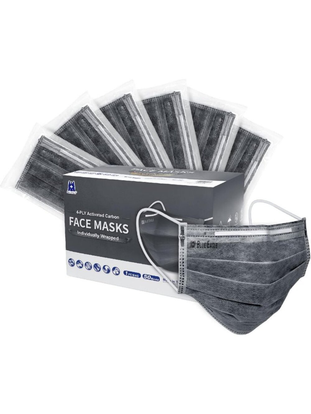 4-Ply Activated Carbon Face Masks, Individually Wrapped, 50 Black Masks, Large